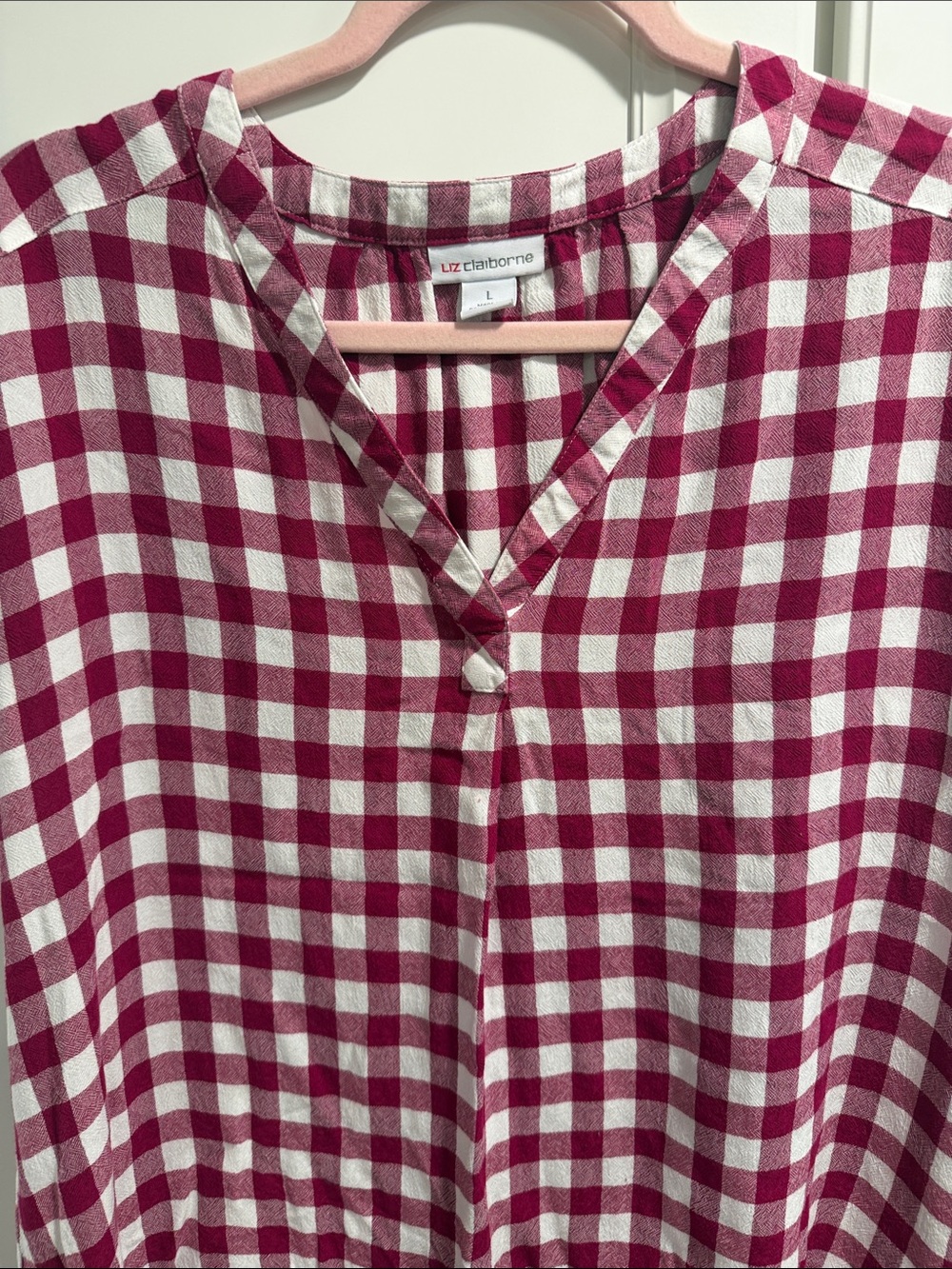 Liz Claiborne Raspberry and White Gingham V-Neck Blouse